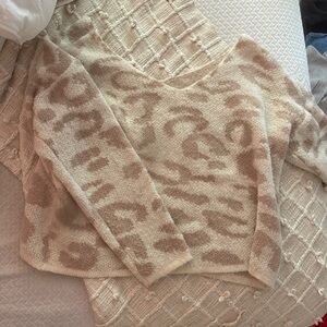 Cream/Light Pink Off-Shoulder Cheetah Print Sweater
